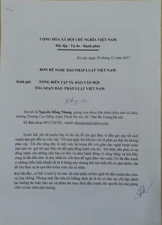 Đơn phản ánh của chị Nguyễn Hồng Nhung gửi tòa soạn Pháp luật Plus (báo Pháp luật Việt Nam).