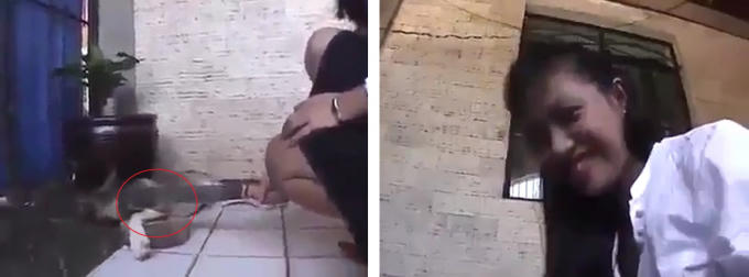 Thiếu nữ cười hả hê sau khi chân phăng chân trước chú chó đang còn sống.