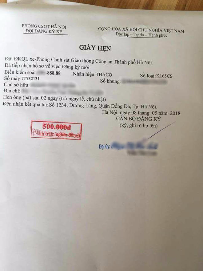 Giấy hẹn đến lấy biển số được đăng lên MXH.