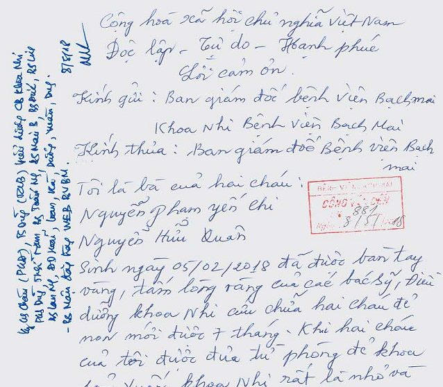Thư cảm ơn của b&agrave; nội hai ch&aacute;u gửi tới BV Bạch Mai.