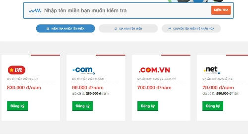 Bảng giá đăng ký vài đuôi tên miền được ưa chuộng của một nhà đăng ký.