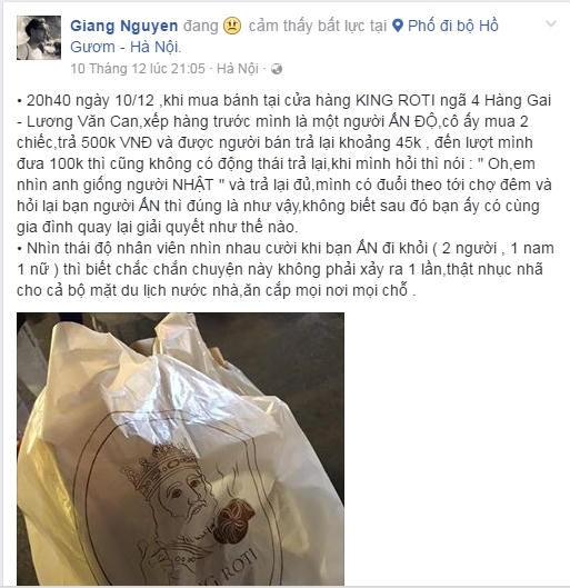 Facebooker Giang Nguyen lên mạng xã hội bức xúc trước tình trạng nhân viên của hàng bánh King Roti ăn gian tiền thừ của khách.