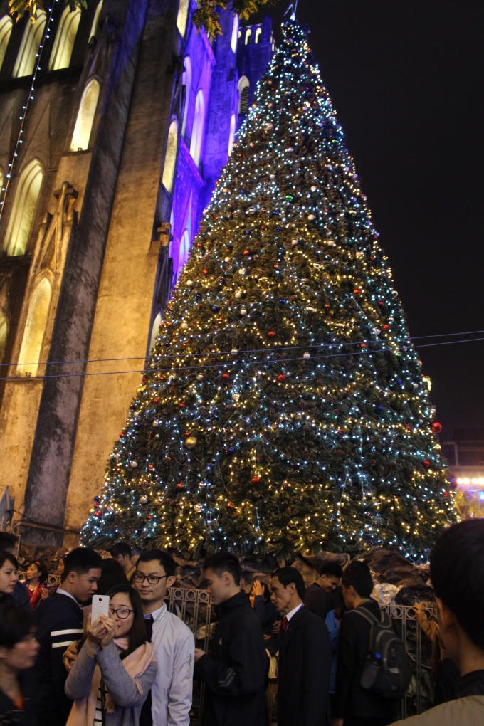 Cây thông Noel được trang trí lộng lẫy là một địa điểm lý tưởng để chụp ảnh (Ảnh Văn Lịnh).