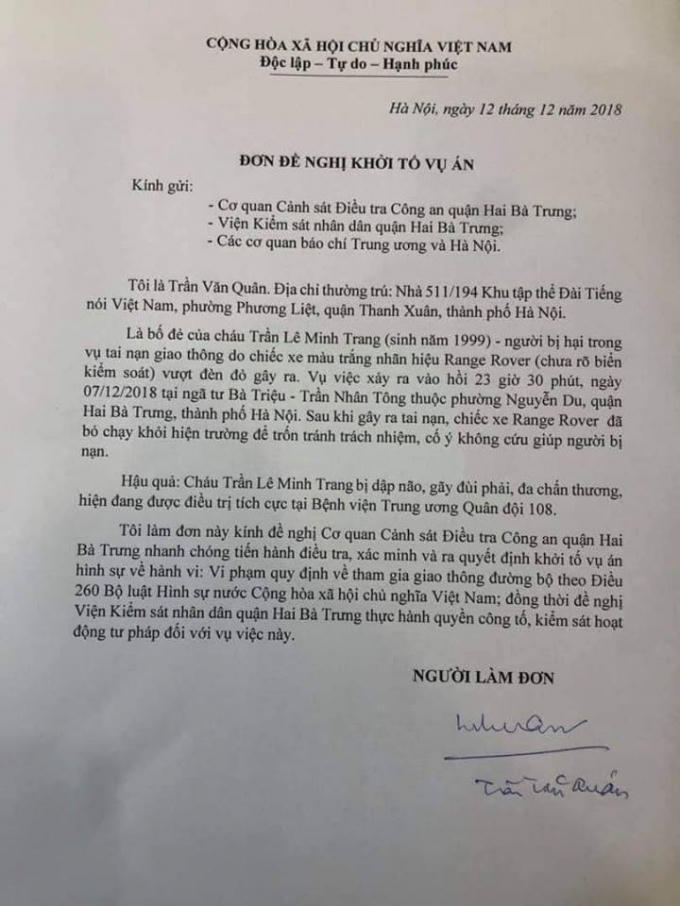 Đơn đề nghị khởi tố vụ án của ông Quân.