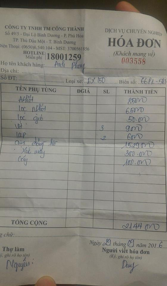 Hóa đơn sửa xe lên tới hơn 2 triệu đồng của sinh viên tên V.