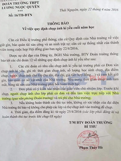 Thông báo thu phí chụp ảnh kỷ yếu các chi đoàn 12 của trường THPT Lương Ngọc Quyến (TP Thái Nguyên).