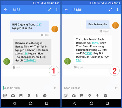 Kết quả tra cứu bằng tin nhắn SMS.