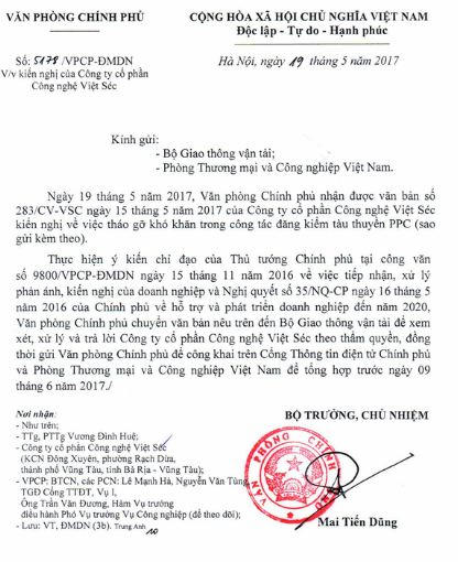 Văn bản của Văn phòng Chính phủ chuyển kiến nghị của DN đóng tàu bằng vật liệu PPC đến Bộ GTVT xem xét, xử lý và trả lời theo thẩm quyền. (ảnh: HC)