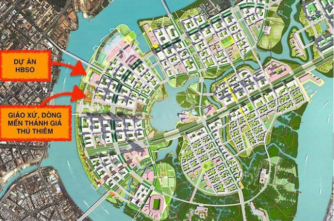 Vị tr&iacute; nh&agrave; h&aacute;t giao hưởng, nhạc v&agrave; vũ kịch dự kiến sẽ x&acirc;y dựng kế b&ecirc;n quần thể Gi&aacute;o xứ Thủ Thi&ecirc;m - D&ograve;ng Mến Th&aacute;nh gi&aacute; Thủ Thi&ecirc;m