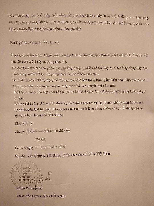 Công ty Anheuser-Busch INBEV Việt Nam đưa ra căn cứ trả lời bằng một bản dịch thư đã ký từ 1 năm trước đó.
