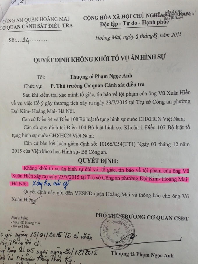 Công an quận Hoàng Mai ra quyết định không khởi tố hình sự đối với vụ việc của ông Hiền.