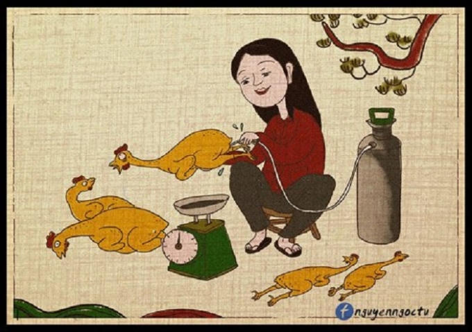 Vì lợi nhuận, người bán dùng thuốc tiêm trực tiếp vào gà cho nó to và nặng hơn.