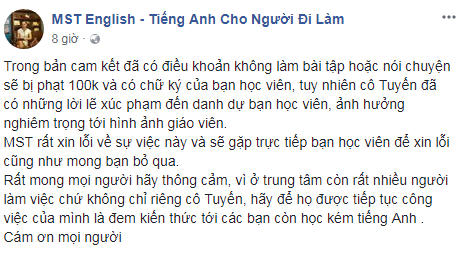 Dòng trạng thái được đăng lên trang facebook của trung tâm MST ENGLISH. Ảnh:  Chụp màn hình.