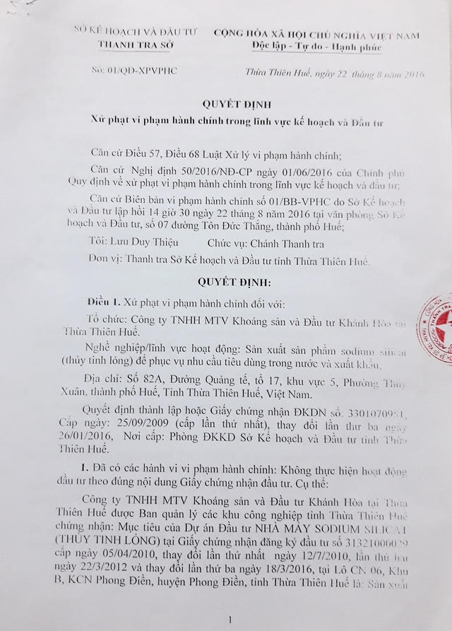Quyết định của Thanh tra Sở Kế hoạch &amp; Đầu tư xử phạt Khamihuco.