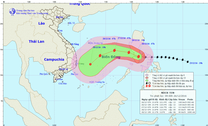 Dự báo hướng đi của cơn bão Nock-ten. Ảnh: nchmf.gov.vn