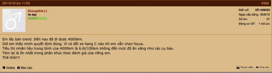 Thành viên diễn đàn Otofun - Giangdhk11 đánh giá về khả năng tiêu thụ nhiên liệu của Focus Trend