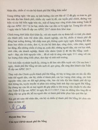Thư cảm ơn của lãnh đạo thành phố Đà Nẵng.