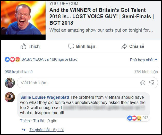 Hiện tại, lúc này, trên trang fanpage (Facebook) của cuộc thi, dưới clip của tân quán quân, bình luận nhận được nhiều hưởng ứng nhất là của tài khoản Sallie Louise Wagenblatt: "Anh em đến từ Việt Nam xứng đáng giành chiến thắng. Những gì họ đã thể hiện thật không thể tin nổi, họ mạo hiểm mạng sống và được lọt vào top 3 sẽ là hợp lý... Thật thất vọng!!!”.