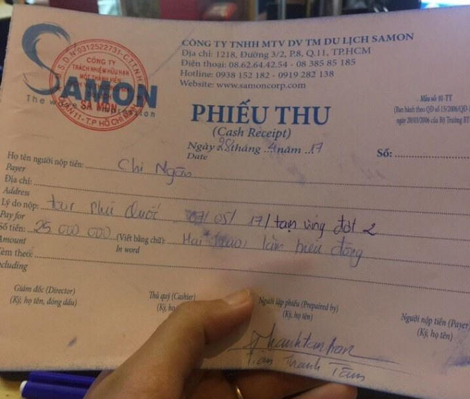 Ngày 28/4, chị Ngân cũng đã nộp 25.000.000 đồng tiền phí tạm ứng lần 2 cho Công ty Du lịch Samon.