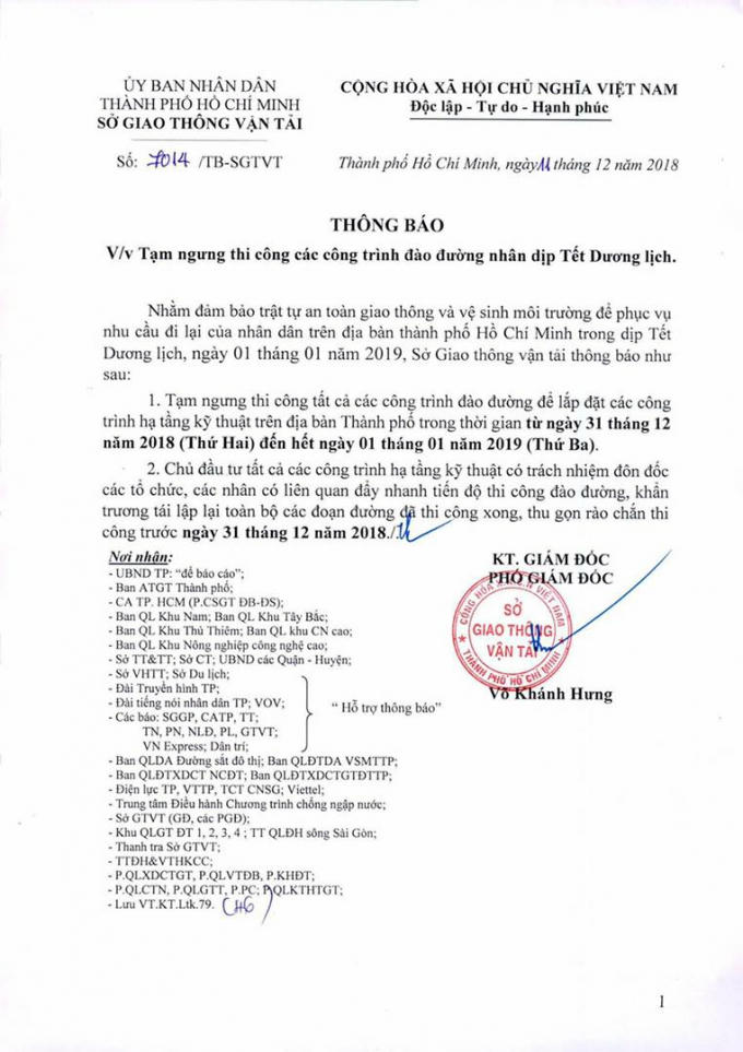 Văn bản thông báo của Sở GTVT TPHCM