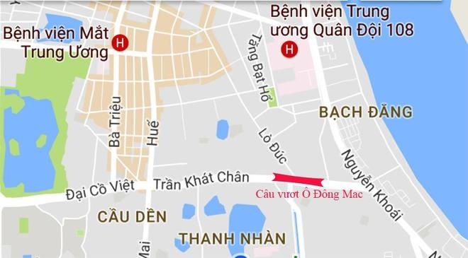 Vị trí cầu vượt nhẹ trên đường Trần Khát Chân, giao với phố Lò Đúc.