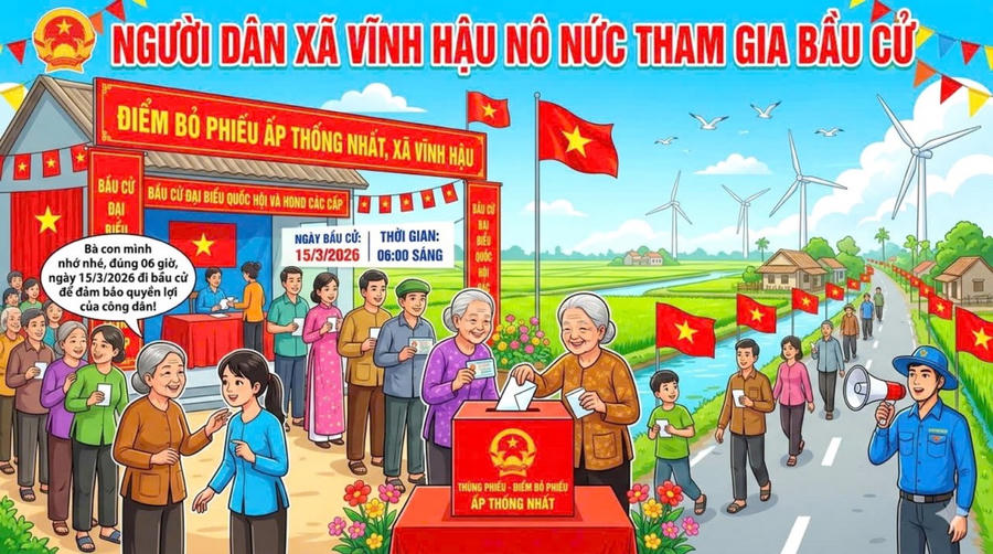 Công an xã Vĩnh Hậu thiết kế tranh cổ động phục vụ công tác tuyên truyền bầu cử.