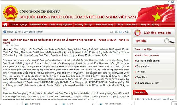 Nam sinh tr&uacute;ng tuyển kh&ocirc;ng được nhận v&agrave;o trường sỹ quan, Bộ Quốc ph&ograve;ng n&oacute;i g&igrave;?