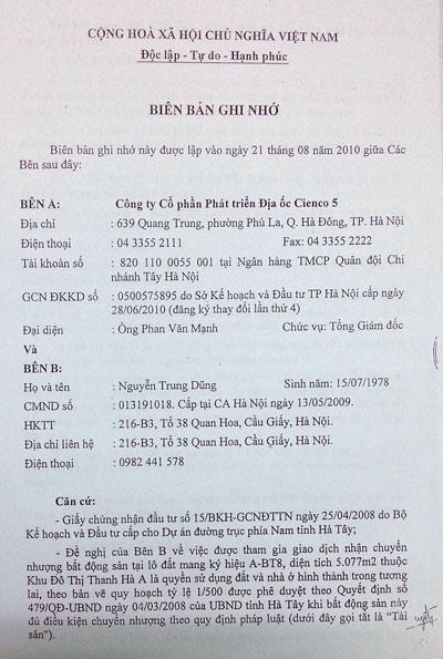 Sau khi có công văn tới Sàn BĐS Cienco 507 hỏi về sự chậm trễ thì bà Loan được ký một Biên ban ghi nhớ?.