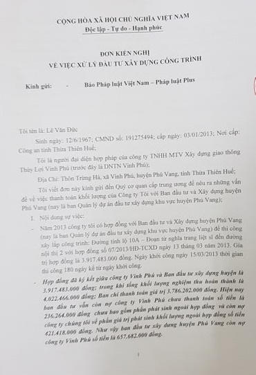 Đơn kiến nghị của Công ty TNHH MTV xây dựng Vinh Phú gửi Báo Pháp luật Việt.
