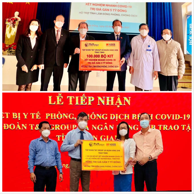 Đại diện Tập đoàn T&T Group và Ngân hàng SHB trao tặng trang thiết bị vật tư y tế hỗ trợ công tác phòng, chống dịch COVID-19 cho tỉnh Lầm Đồng và Kiên Giang.