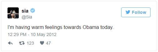 Tổng thống Obama cũng chiếm được cảm tình của nữ ca sĩ người Úc Sia vì sự ủng hộ hôn nhân đồng giới