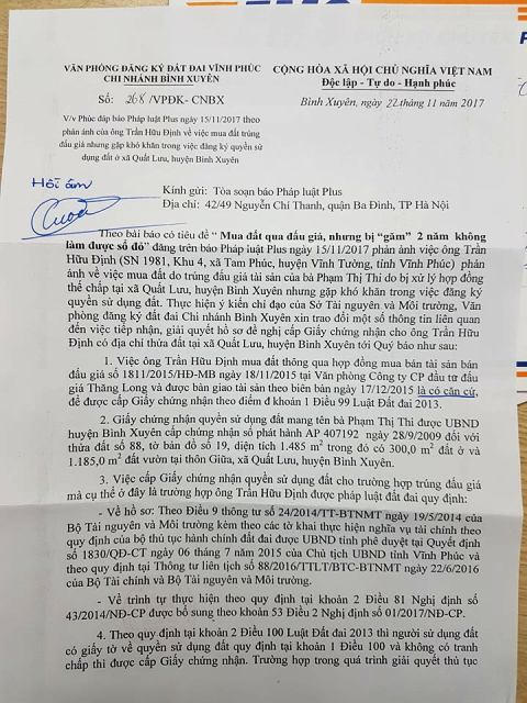 Văn bản phúc đáp của VPĐKĐĐ tỉnh Vĩnh Phúc - Chi nhánh huyện Bình Xuyên (Ảnh: Đào Tấn)