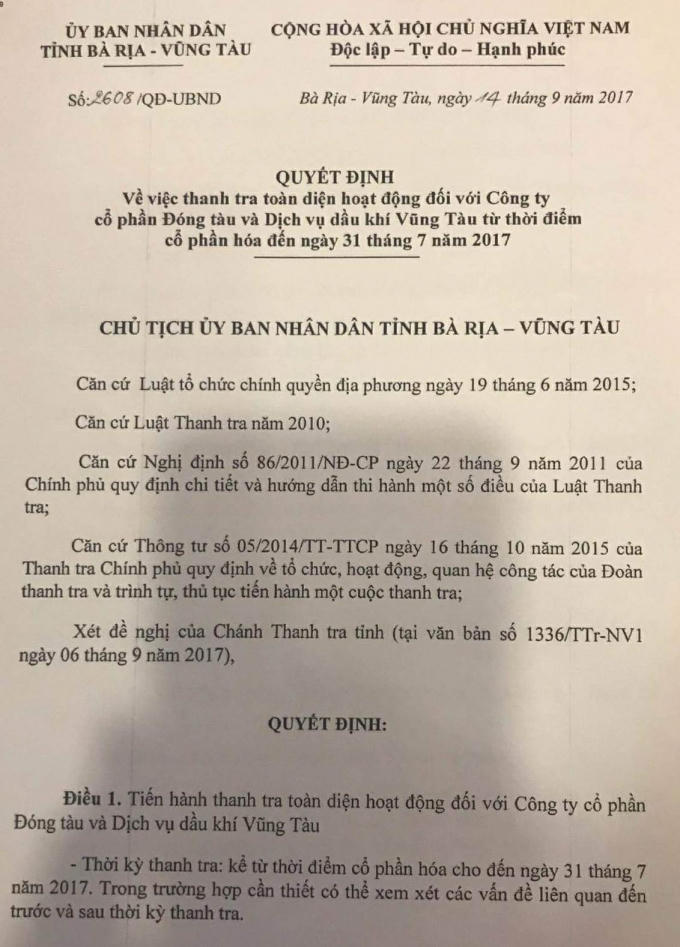 Quyết định thanh tra của UBND tỉnh Bà Rịa - Vũng Tàu đối với VTSC.