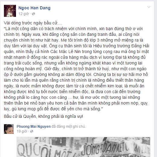 Hoa hậu Ngọc Hân chia sẻ "Bầu cử là quyền, không phải là nghĩa vụ". - Nguồn: facebook