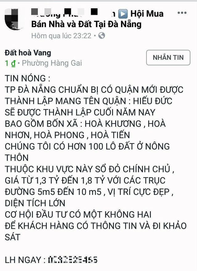 Cò đất tung tin đồn Đà Nẵng có quận mới trên mạng xã hội để thổi giá đất.