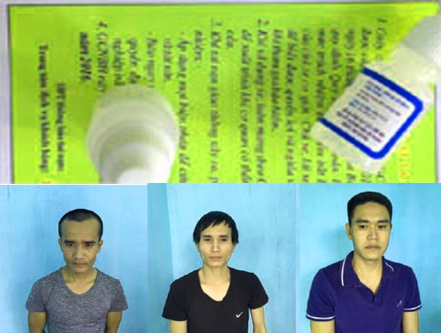 ổ nhóm lừa đảo cùng tang vật thuốc hướng thần đã bị bắt giữ. (Ảnh: Công an Thanh Hóa cung cấp)