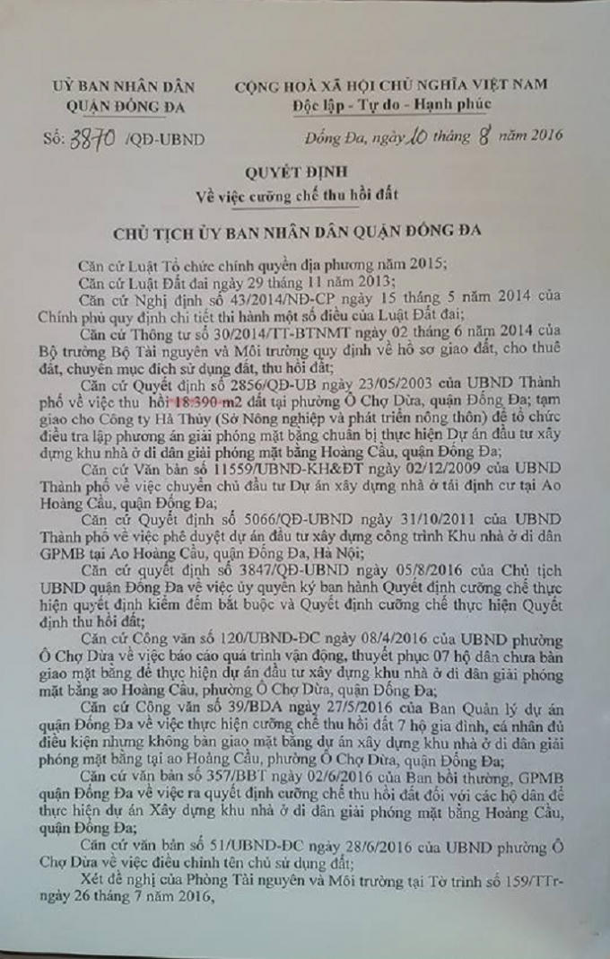 Một trong các Quyết định của UBND quận Đống Đa bị các hộ dân khởi kiện ra tòa.