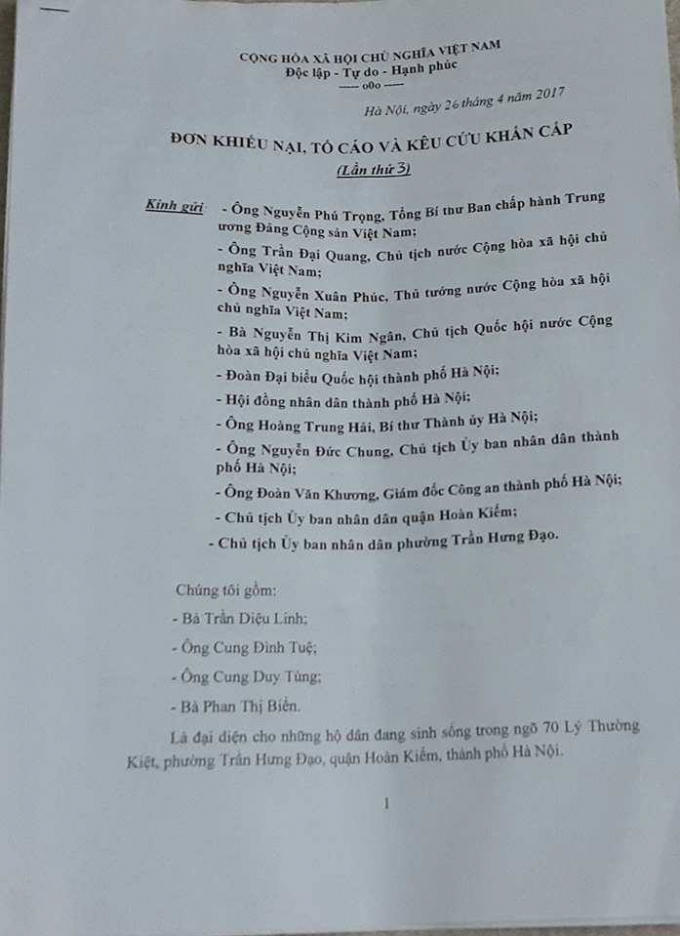 Đơn khiếu nại, tố cáo của 4 hộ dân gửi tòa soạn Pháp luật Plus.