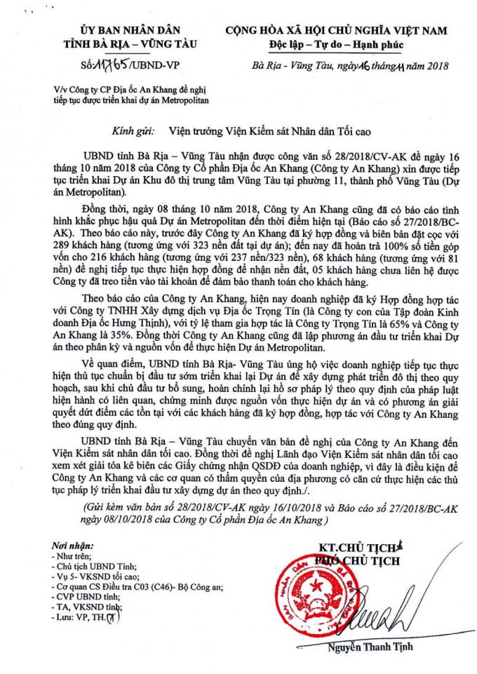 Công văn của UBND tỉnh BR-VT gửi Viện trưởng Viện Kiểm sát nhân dân tối cao.
