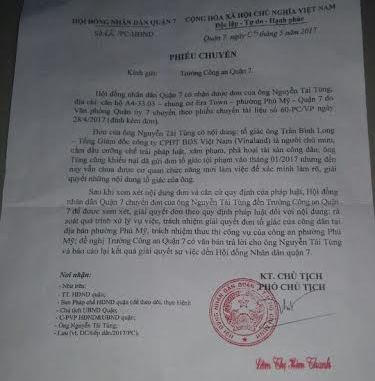 Ngày 05/5/2017, Hội đồng nhân dân quận 7 cũng có phiếu chuyển đề nghị Trưởng CA quận 7 xác minh, giải quyết đơn tố cáo trước đây của anh T. theo quy định của Pháp luật