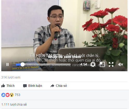 Bài giảng 12 thì tiếng Anh của thầy Bá Đạo hiện đạt 31.000 lượt xem và hơn 1.000 lượt chia sẻ từ cộng đồng.
