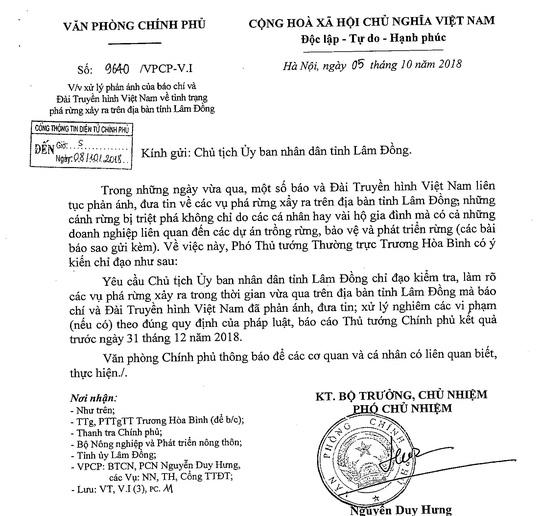 Văn bản yêu cầu tỉnh Lâm Đồng điều tra làm rõ và xử lý nghiêm.