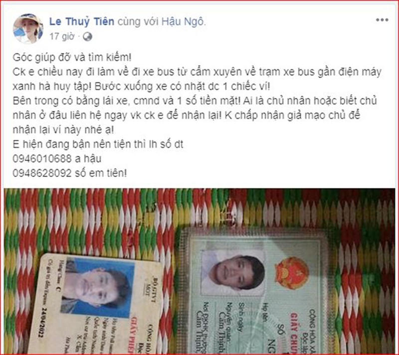 Sau khi nhặt được chiếc vé, vợ anh Hậu đã đăng lên mạng xã hội để tìm chủ nhân đánh rơi.