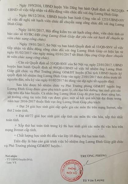 Quy trình bổ nhiệm và thành tích của thầy giáo Lương Đình Giáp làm Phó trưởng phòng giáo dục và đào tạo được phòng Nội vụ huyện Yên Dũng làm rõ.