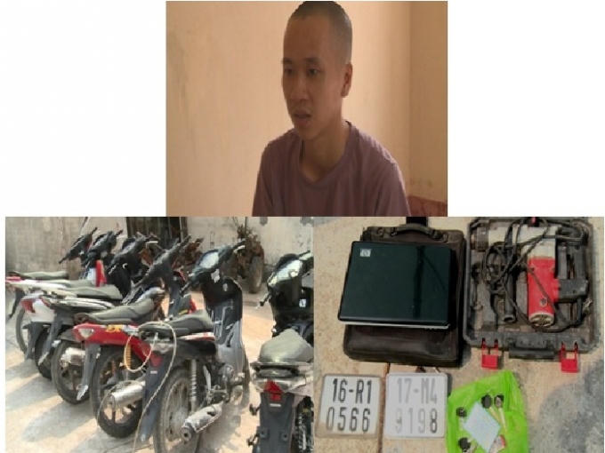 Nguyễn Văn Chung cùng số tang vật tại cơ quan công an (ảnh TT).
