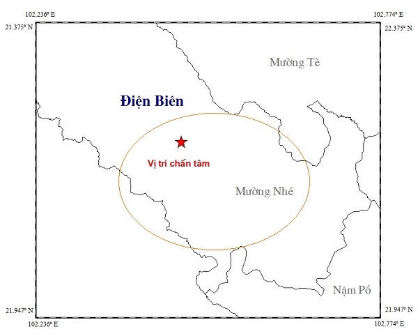 Bản đồ tâm chấn động đất vừa xảy ra ở huyện Mường Nhé, tỉnh Điện Biên.
