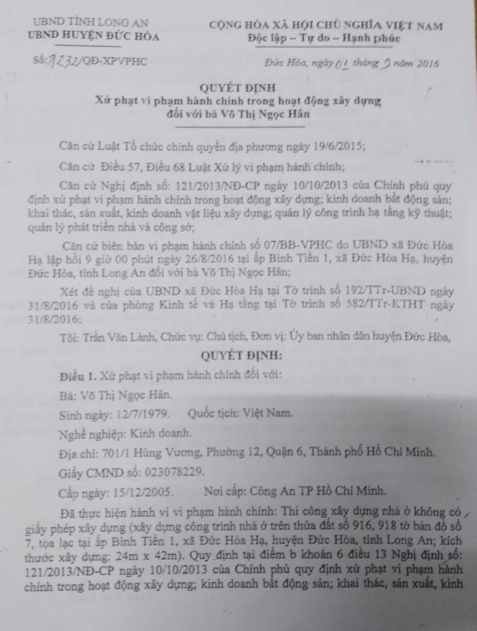 Quyết định xử phạt hành chính đối với công trình trái phép của bà Hân.