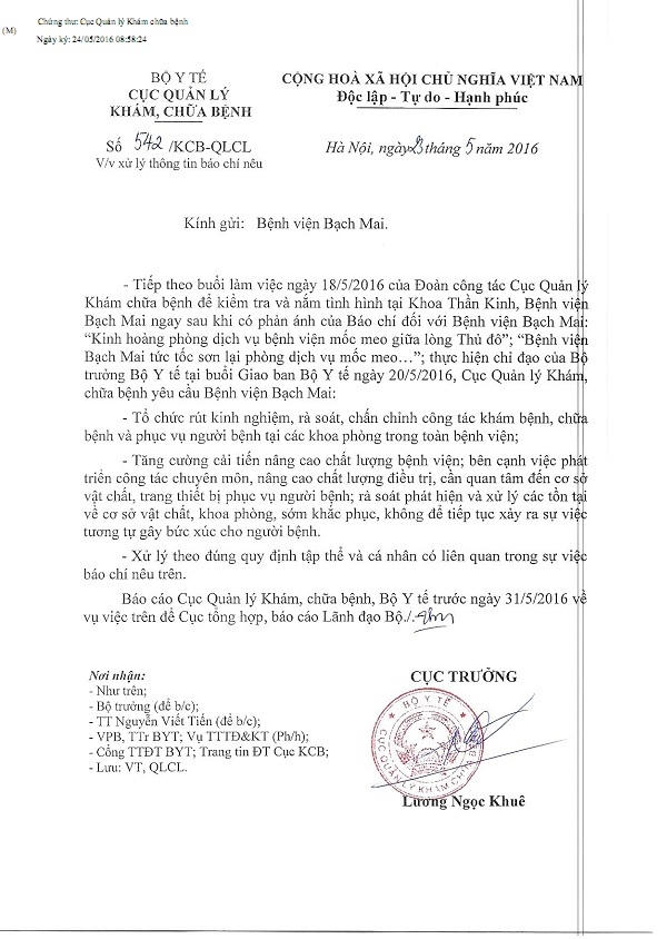 Công văn của Cục Quản lý Khám, chữa bệnh gửi Bệnh viện Bạch Mai.