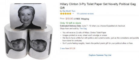 Quảng cáo sản phẩm giấy vệ sinh in hình bà Clinton trên trang Amazon.com.
