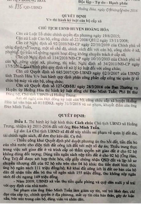 Quyết định số 835/QĐ/UBND của Chủ tịch UBND huyện Hoằng Hóa được dự luận đánh giá là kịp thời, nghiêm minh.